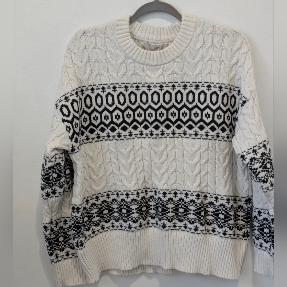 LOFT Cable Knit Sweater Nordic Geometric Pattern Cream L Cotton Blend